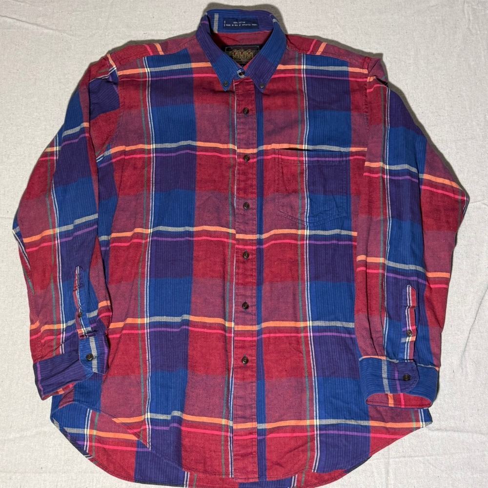 Vintage Ralph Lauren Chaps Plaid Flannel Shirt Mens Large Red Blue Made in USA